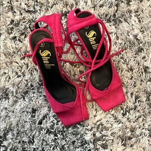 SHEIN Fuchsia Lace-Up Square Toe Heels
